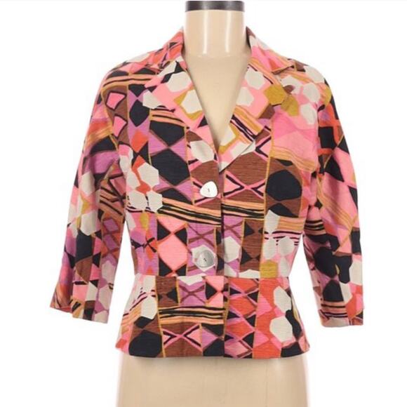 Anthracite PopArt Geometric Button Up  Silk Blazer Jacket 3/4 Sleeves Size 6 - Picture 1 of 6